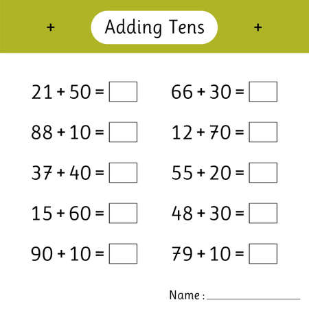 Adding Tens. Mathematics. Math worksheets for kids. Development of logical thinking. School education. Vector illustrationのイラスト素材