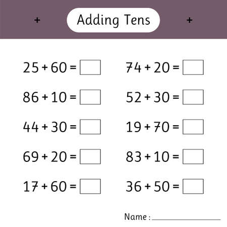 Adding Tens. Math worksheets for kids. School education. Development of logical thinking. Mathematics. Vector illustrationのイラスト素材