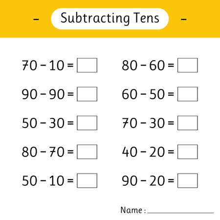 Subtracting Tens. School education. Math worksheets for kids. Mathematics. Development of logical thinking. Vector illustrationのイラスト素材