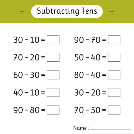 Subtracting Tens. School education. Mathematics. Math worksheets for kids. Development of logical thinking. Vector illustrationのイラスト素材