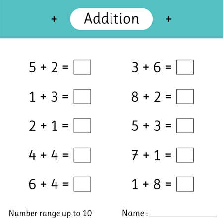 Addition. Number range up to 10. Math worksheet for kids. Solve examples and write. Mathematics. Developing numeracy skills. Vector illustrationのイラスト素材