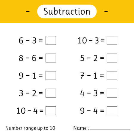 Subtraction. Number range up to 10. Math worksheet for kids. Solve examples and write. Mathematics. Developing numeracy skills. Vector illustrationのイラスト素材