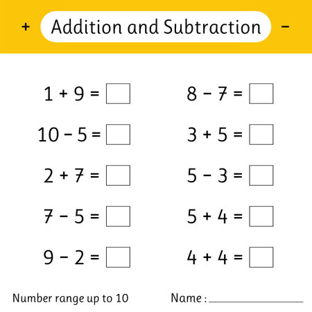 Addition and Subtraction. Number range up to 10. Math worksheet for kids. Solve examples and write. Developing numeracy skills. Mathematics. Vector illustrationのイラスト素材