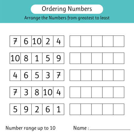 Ordering numbers worksheet. Arrange the numbers from greatest to least. Math. Number range up to 10. Vector illustrationのイラスト素材