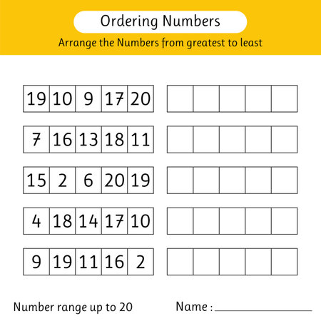 Ordering numbers worksheet. Arrange the numbers from greatest to least. Math. Number range up to 20. Vector illustrationのイラスト素材