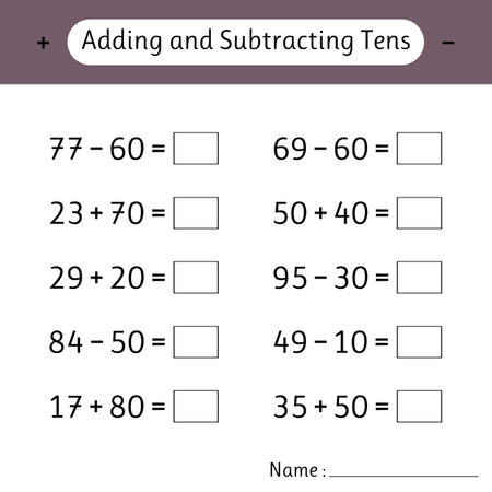 Adding and Subtracting Tens. Mathematics. Math worksheets for kids. School education. Development of logical thinking. Vector illustrationのイラスト素材