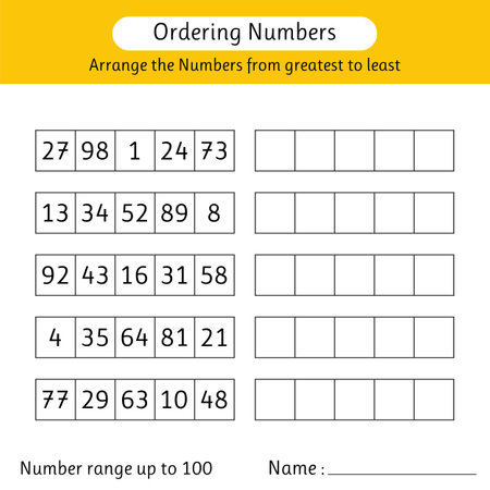 Ordering numbers worksheet. Arrange the numbers from greatest to least. Math. Number range up to 100. Vector illustrationのイラスト素材