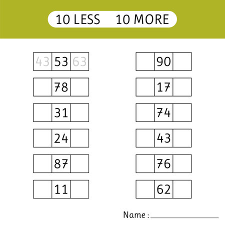 10 less, 10 more. Fill in the missing numbers. Mathematical exercises. Worksheets for kids. Mathematics. Vector illustrationのイラスト素材