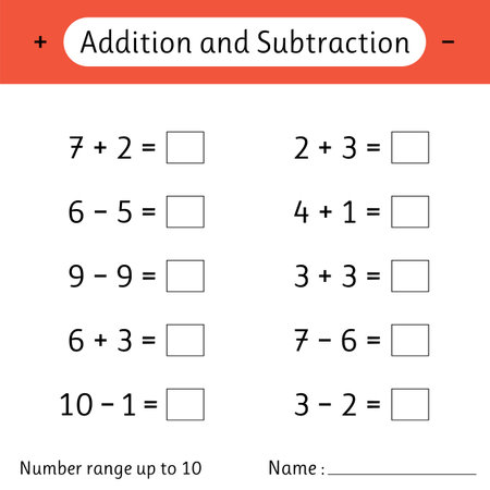 Addition and Subtraction. Number range up to 10. Math worksheet for kids. Solve examples and write the answers. Mathematics. Vector illustrationのイラスト素材