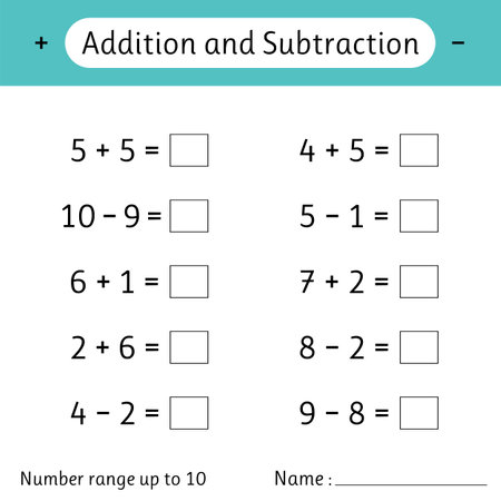 Addition and Subtraction. Number range up to 10. Math worksheet for kids. Developing numeracy skills. Solve examples and write. Mathematics. Vector illustrationのイラスト素材