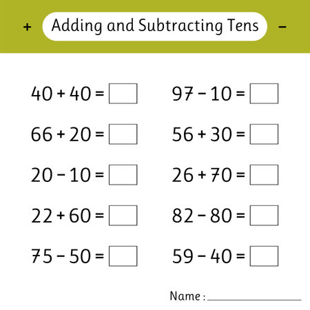 Adding and Subtracting Tens. Math worksheets for kids. School education. Development of logical thinking. Mathematics. Vector illustrationのイラスト素材