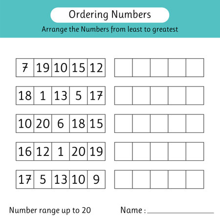 Ordering numbers worksheet. Arrange the numbers from least to greatest. Math. Number range up to 20. Vector illustrationのイラスト素材