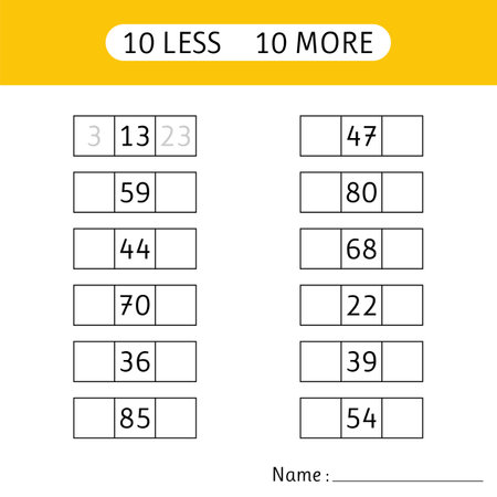 10 less, 10 more. Fill in the missing numbers. Worksheets for kids. Mathematics. Working pages for children. Vector illustrationのイラスト素材