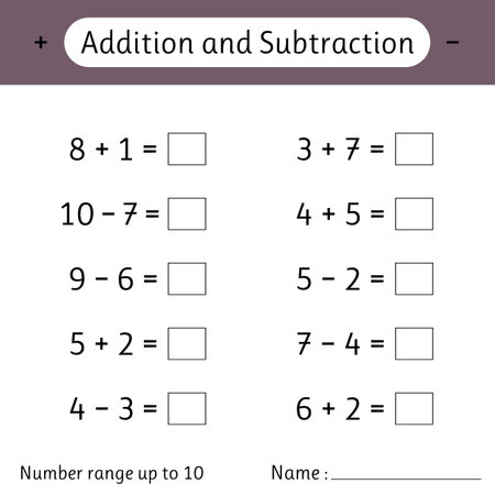Addition and Subtraction. Number range up to 10. Math worksheet for kids. Mathematics. Solve examples and write. Vector illustrationのイラスト素材