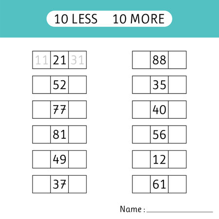 10 less, 10 more. Fill in the missing numbers. Worksheets for kids. Mathematics. Vector illustrationのイラスト素材