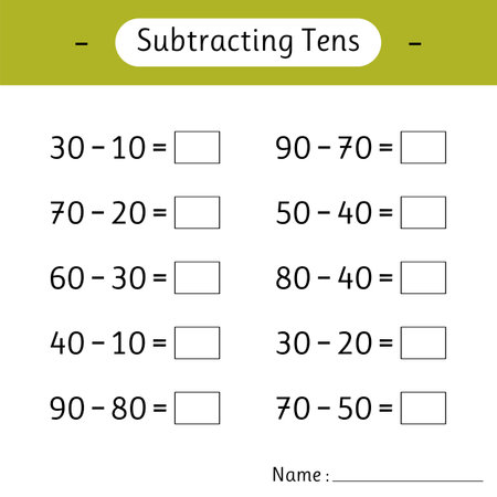 Subtracting Tens. School education. Mathematics. Math worksheets for kids. Development of logical thinking. Vector illustrationのイラスト素材