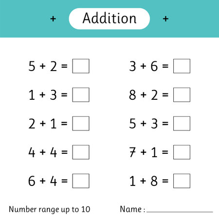 Addition. Number range up to 10. Math worksheet for kids. Solve examples and write. Mathematics. Developing numeracy skills. Vector illustrationのイラスト素材