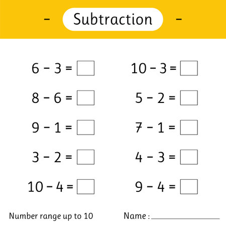 Subtraction. Number range up to 10. Math worksheet for kids. Solve examples and write. Mathematics. Developing numeracy skills. Vector illustrationのイラスト素材