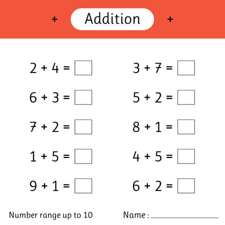 Addition. Number range up to 10. Mathematics. Math worksheet for kids. Solve examples and write. Developing numeracy skills. Vector illustrationのイラスト素材