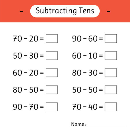 Subtracting Tens. School education. Mathematics. Development of logical thinking. Math worksheets for kids. Vector illustrationのイラスト素材