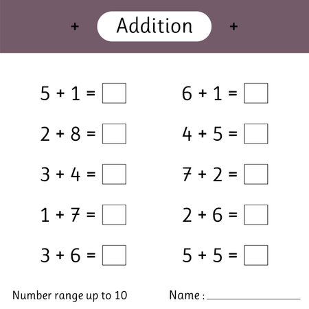 Addition. Number range up to 10. Math worksheet for kids. Developing numeracy skills. Solve examples and write. Mathematics. Vector illustrationのイラスト素材