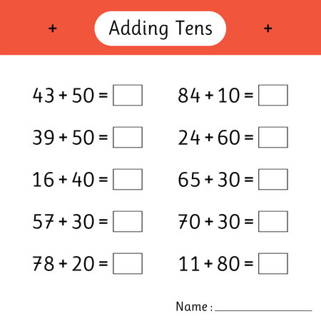 Adding Tens. Math worksheets for kids. Mathematics. Development of logical thinking. School education. Vector illustrationのイラスト素材