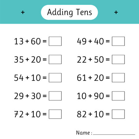 Adding Tens. Mathematics. Math worksheets for kids. School education. Development of logical thinking. Vector illustrationのイラスト素材