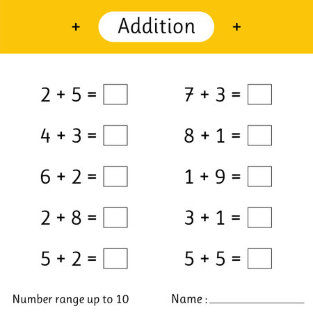 Addition. Number range up to 10. Math worksheet for kids. Solve examples and write. Developing numeracy skills. Mathematics. Vector illustrationのイラスト素材