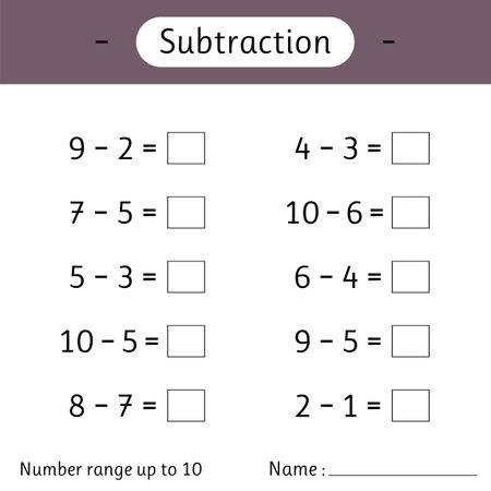 Subtraction. Number range up to 10. Math worksheet for kids. Solve examples and write. Developing numeracy skills. Mathematics. Vector illustrationのイラスト素材