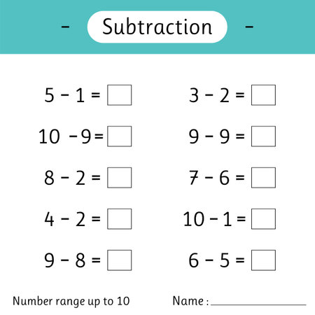 Subtraction. Number range up to 10. Math worksheet for kids. Developing numeracy skills. Solve examples and write. Mathematics. Vector illustrationのイラスト素材