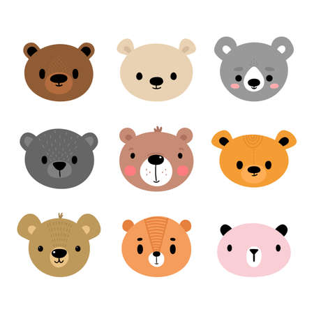 Adorable bears. Set of cute cartoon animals portraits. Fits for designing baby clothes. Hand drawn smiling characters. Happy animal. Vector illustrationのイラスト素材