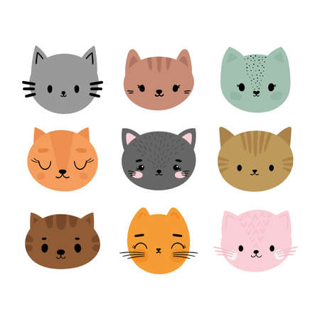 Adorable cats. Set of cute cartoon animals portraits. Fits for designing baby clothes. Hand drawn smiling characters. Happy animal. Vector illustrationのイラスト素材
