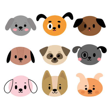 Adorable dogs. Set of cute cartoon animals portraits. Fits for designing baby clothes. Hand drawn smiling characters. Happy animal. Vector illustrationのイラスト素材