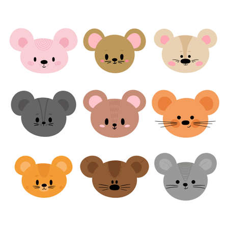 Adorable mouses. Set of cute cartoon animals portraits. Fits for designing baby clothes. Hand drawn smiling characters. Happy animal. Vector illustrationのイラスト素材