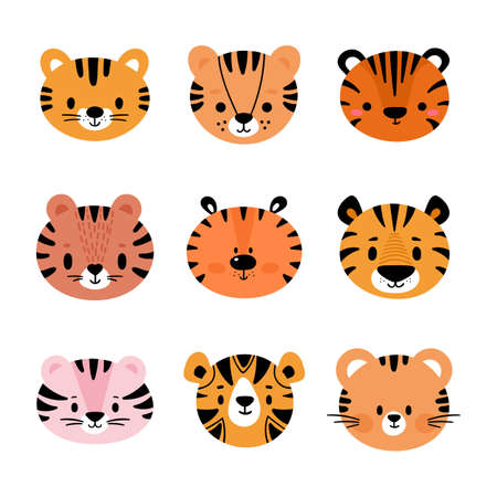 Adorable tigers. Set of cute cartoon animals portraits. Fits for designing baby clothes. Hand drawn smiling characters. Happy animal. Vector illustrationのイラスト素材