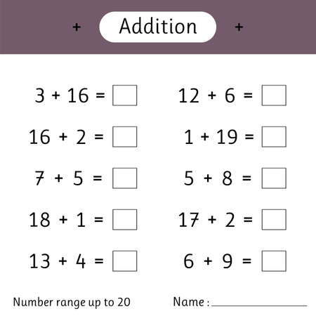 Addition. Number range up to 20. Math worksheet for kids. Mathematics. Solve examples and write. Developing numeracy skills. Vector illustrationのイラスト素材