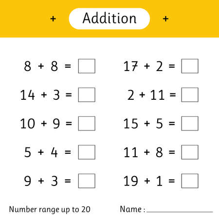 Addition. Number range up to 20. Math worksheet for kids. Developing numeracy skills. Solve examples and write. Mathematics. Vector illustrationのイラスト素材