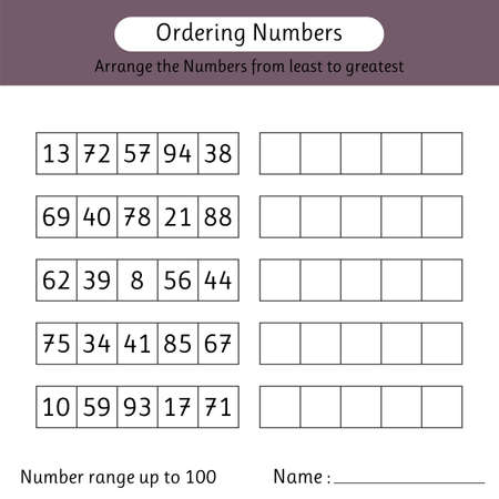 Ordering numbers worksheet. Number range up to 100. Arrange the numbers from least to greatest. Mathematics. Vector illustrationのイラスト素材