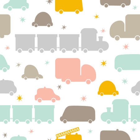 Cute seamless pattern with transport. Hand drawn cars. Cartoon background for children. Nursery style for kids. Vector illustrationのイラスト素材