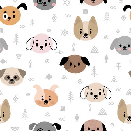 Tribal seamless pattern with cartoon dogs. Abstract geometric art print. Hand drawn ethnic background with cute animals. Puppies. Vector illustrationのイラスト素材