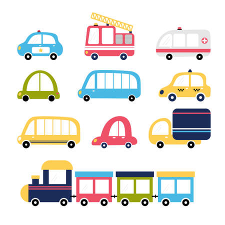 Cute set of cartoon transports for kids design. Collection of cars. Fire truck, ambulance, police, train, taxi, bus. Vector illustrationのイラスト素材
