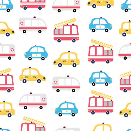 Seamless pattern with cars. Fire truck, ambulance, taxi and police car. Cartoon background for children. Vector illustrationのイラスト素材