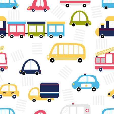 Funny seamless pattern with city transport. Cute cartoon background for kids. Nursery style. Vector illustrationのイラスト素材