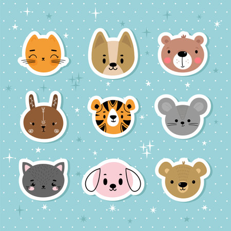 Set of cartoon stickers with animals for kids. Sweet smiley faces. Cute hand drawn characters on blue background. Vector illustrationのイラスト素材