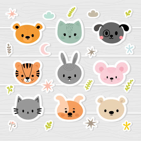Set of cartoon stickers with animals for kids. Sweet smiley faces. Cute hand drawn characters with design elements. Vector illustrationのイラスト素材