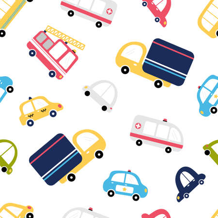 Cute seamless pattern with transport. Cartoon background for kids. Hand drawn cars. Nursery style. Vector illustrationのイラスト素材
