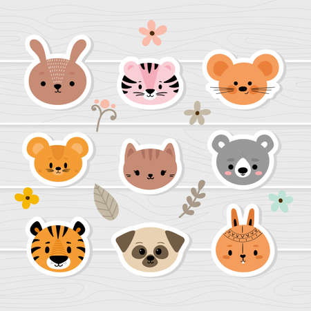 Set of cartoon stickers with animals for kids. Cute hand drawn characters. Sweet baby faces. Vector illustrationのイラスト素材