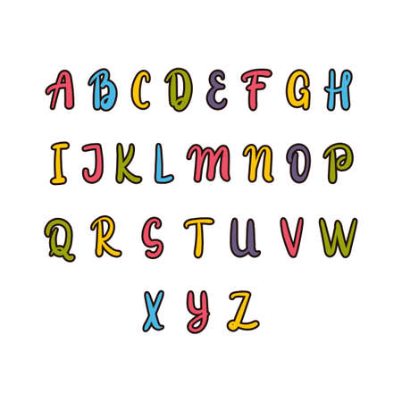 Hand drawn alphabet. Colorful font. Cute elements for your design. Use it for create greeting cards, poster, birthday party, t-shirts, invitations. Vector illustrationのイラスト素材