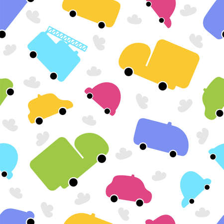 Cute seamless pattern with transport. Cartoon background for children. Nursery style for kids. Hand drawn cars. Vector illustrationのイラスト素材