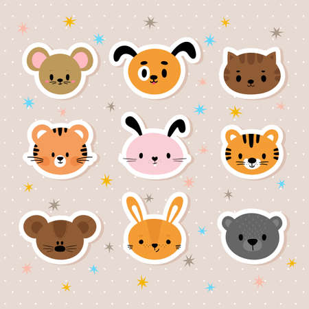 Set of cartoon stickers with animals for kids. Cute hand drawn characters. Sweet smiley faces. Background for children. Vector illustrationのイラスト素材